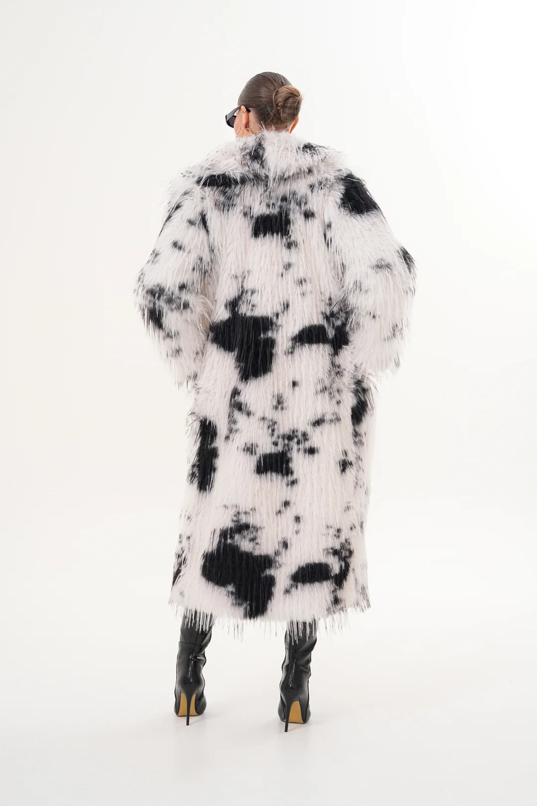 Black White  Long Faux Fur Coat