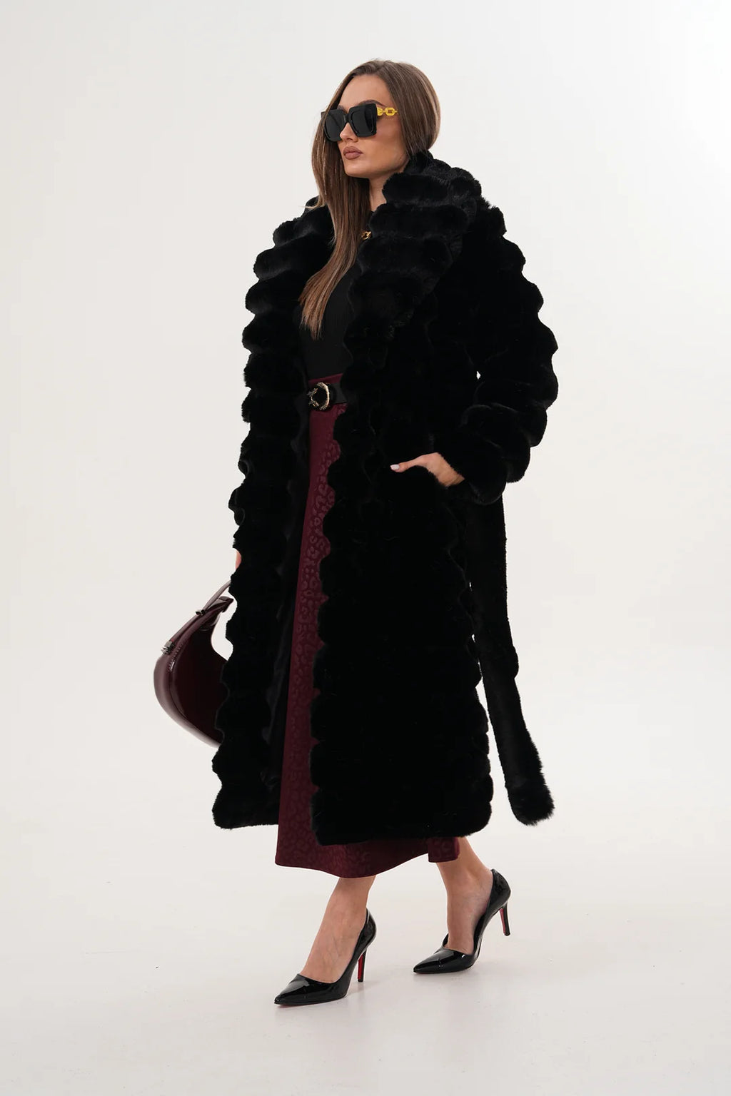 Black Long Chinchilla-Style Faux Fur Coat