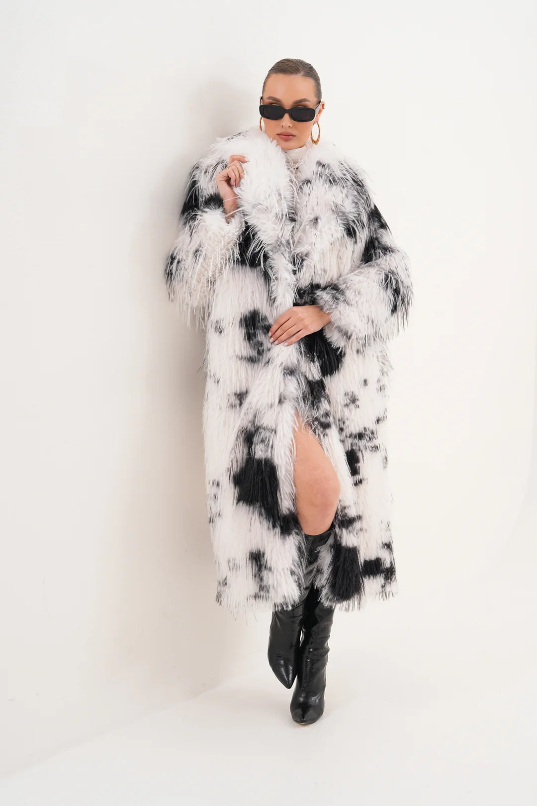 Black White  Long Faux Fur Coat