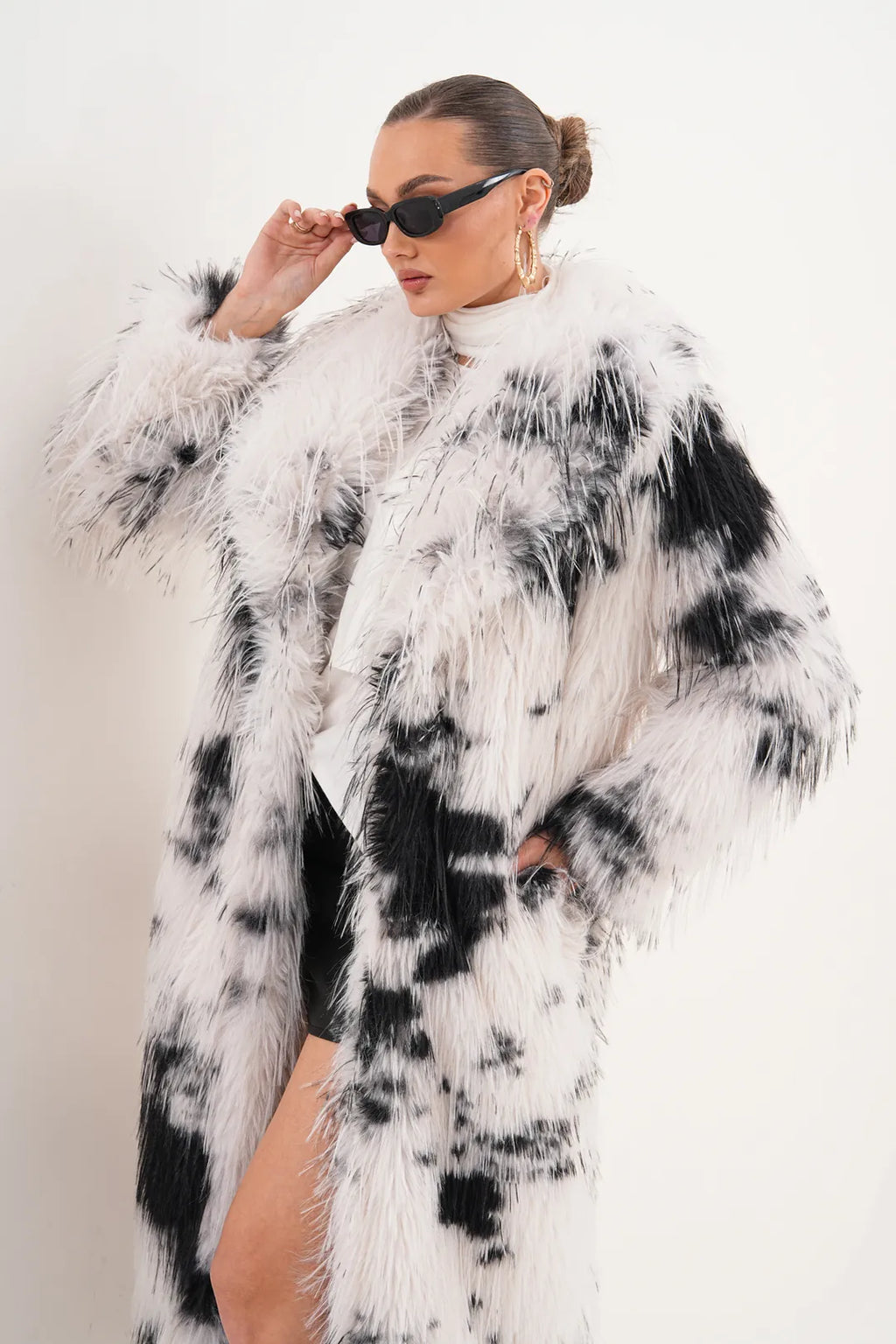 Black White  Long Faux Fur Coat