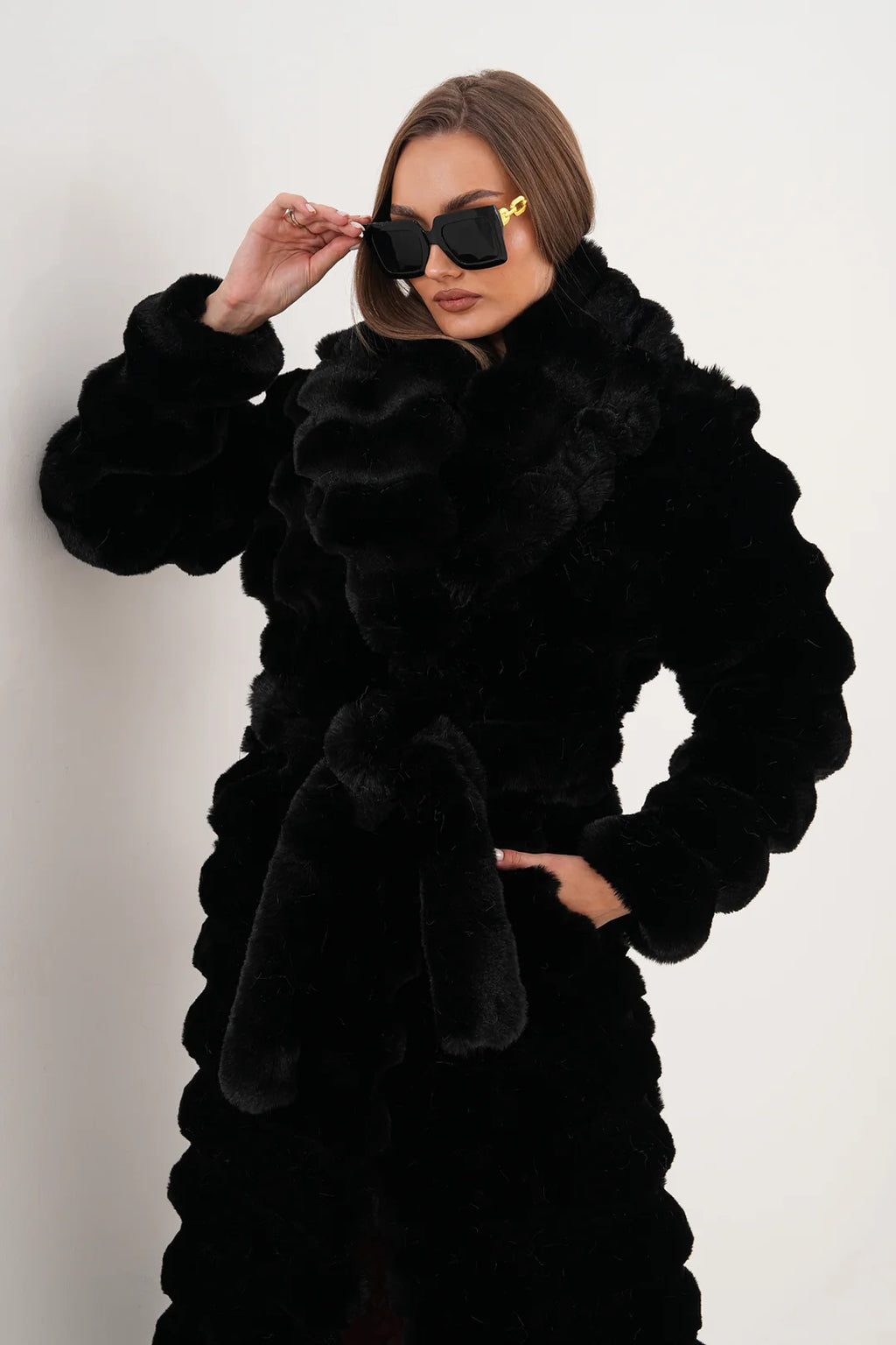 Black Long Chinchilla-Style Faux Fur Coat