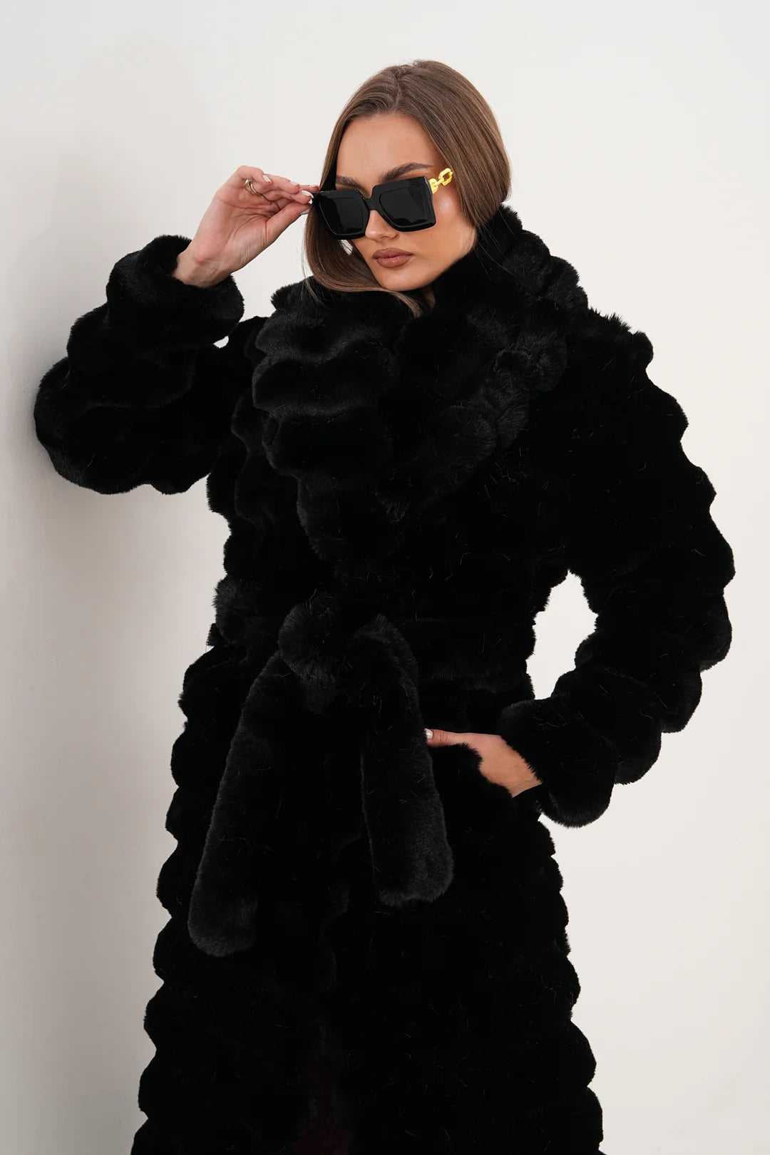 Black Long Chinchilla-Style Faux Fur Coat