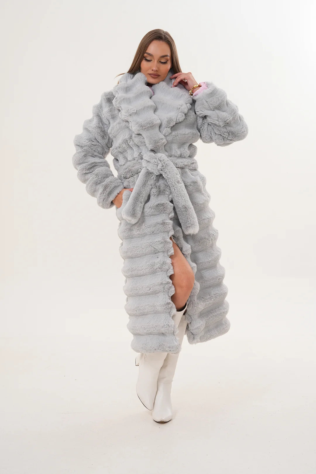 Grey Long Chinchilla-Style Faux Fur Coat
