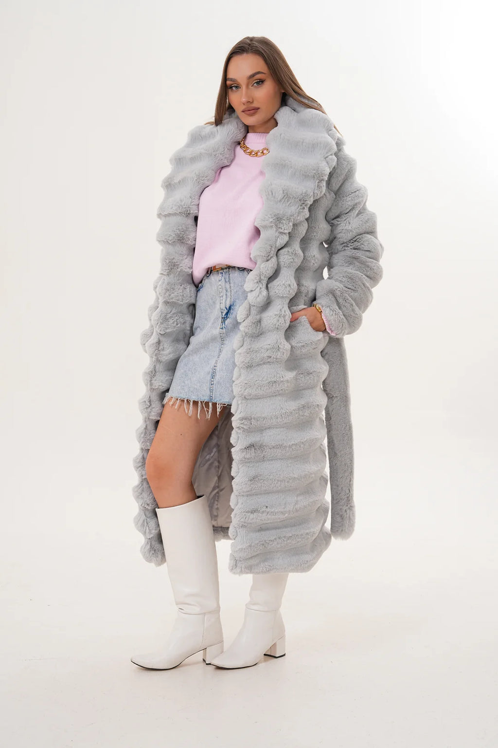 Grey Long Chinchilla-Style Faux Fur Coat