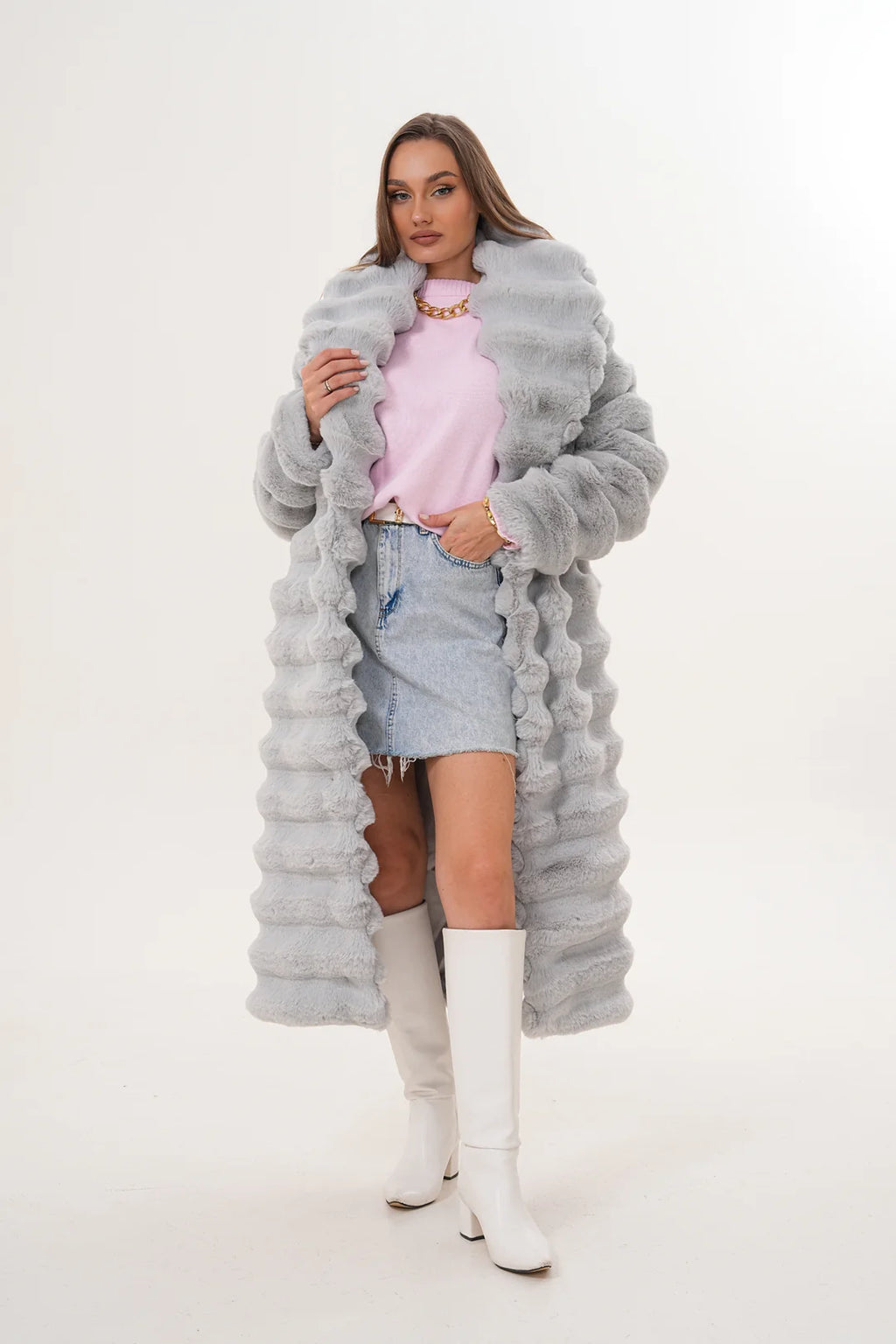 Grey Long Chinchilla-Style Faux Fur Coat