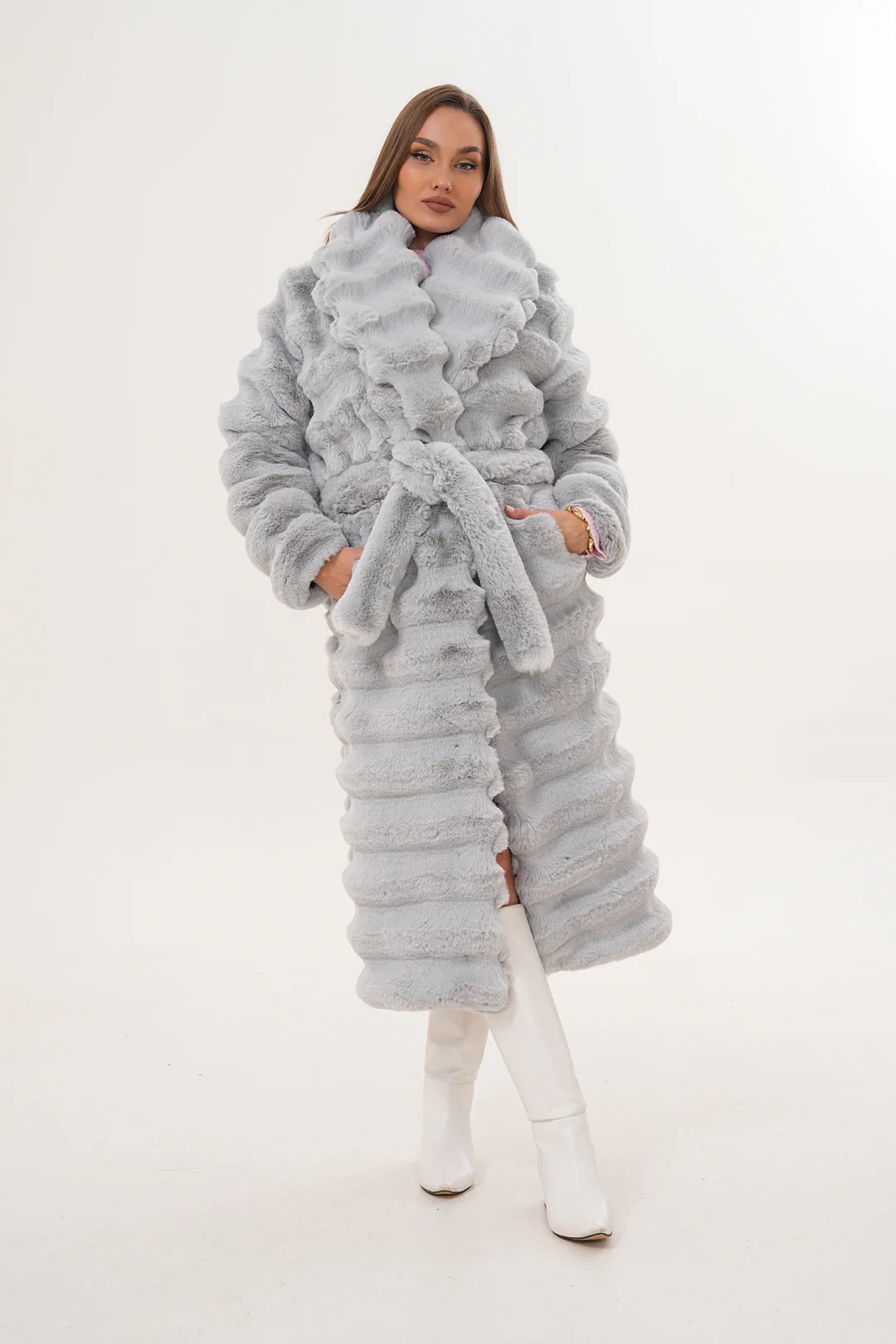 Grey Long Chinchilla-Style Faux Fur Coat