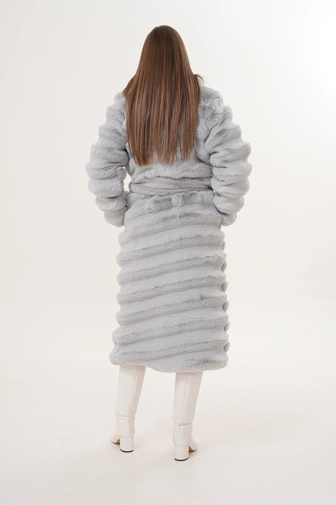 Grey Long Chinchilla-Style Faux Fur Coat