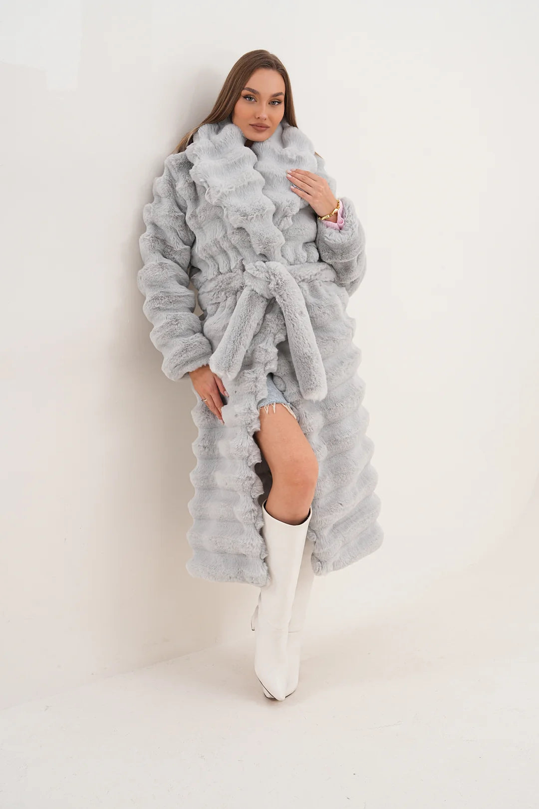 Grey Long Chinchilla-Style Faux Fur Coat
