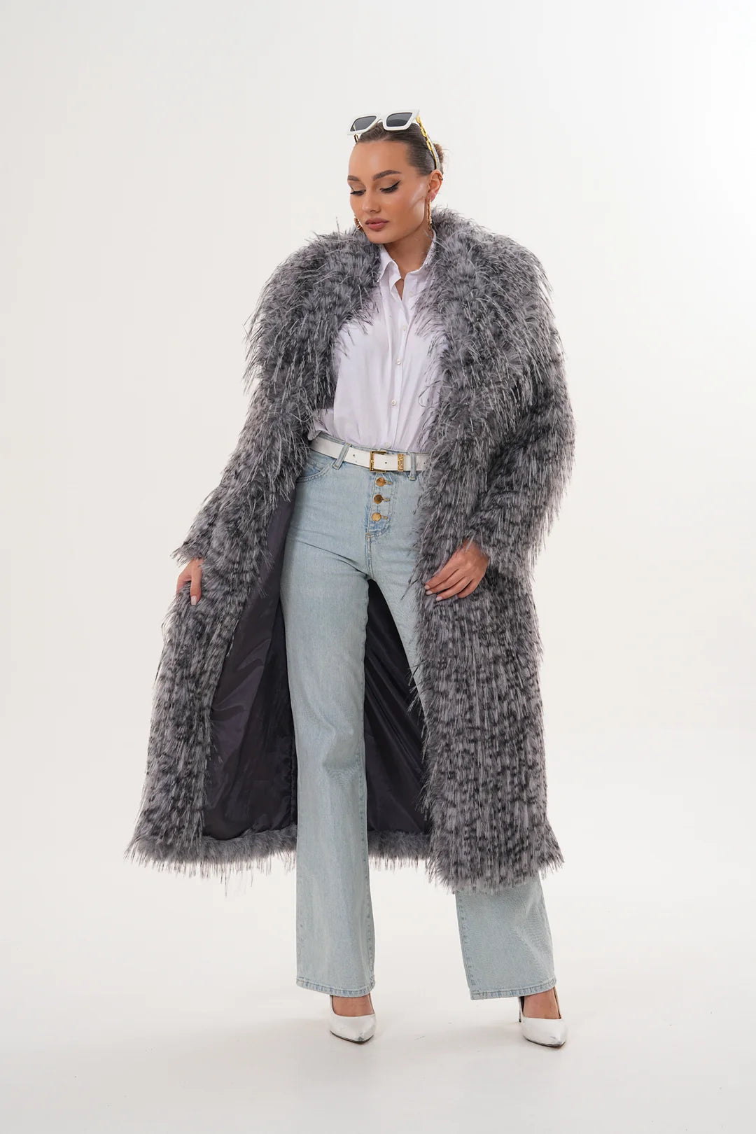 Grey Long Faux Fur Coat