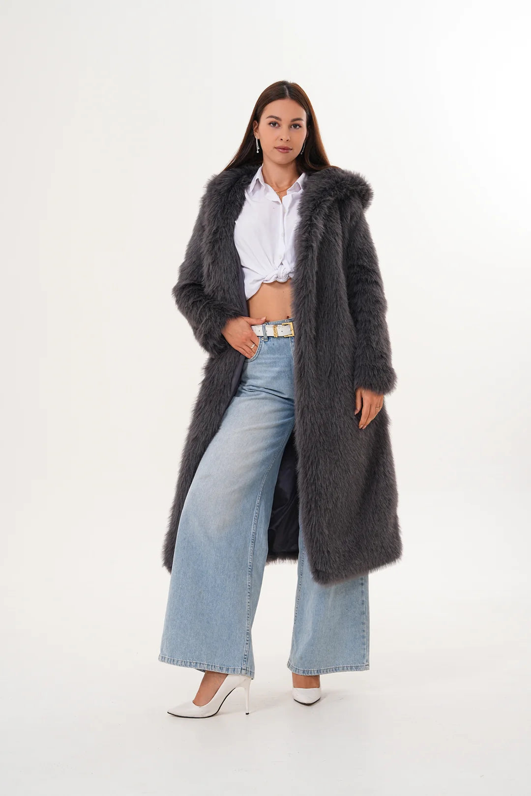 Full-Length Hooded Faux Fur Coat – Anthracite Grey | Modern Winter Luxury