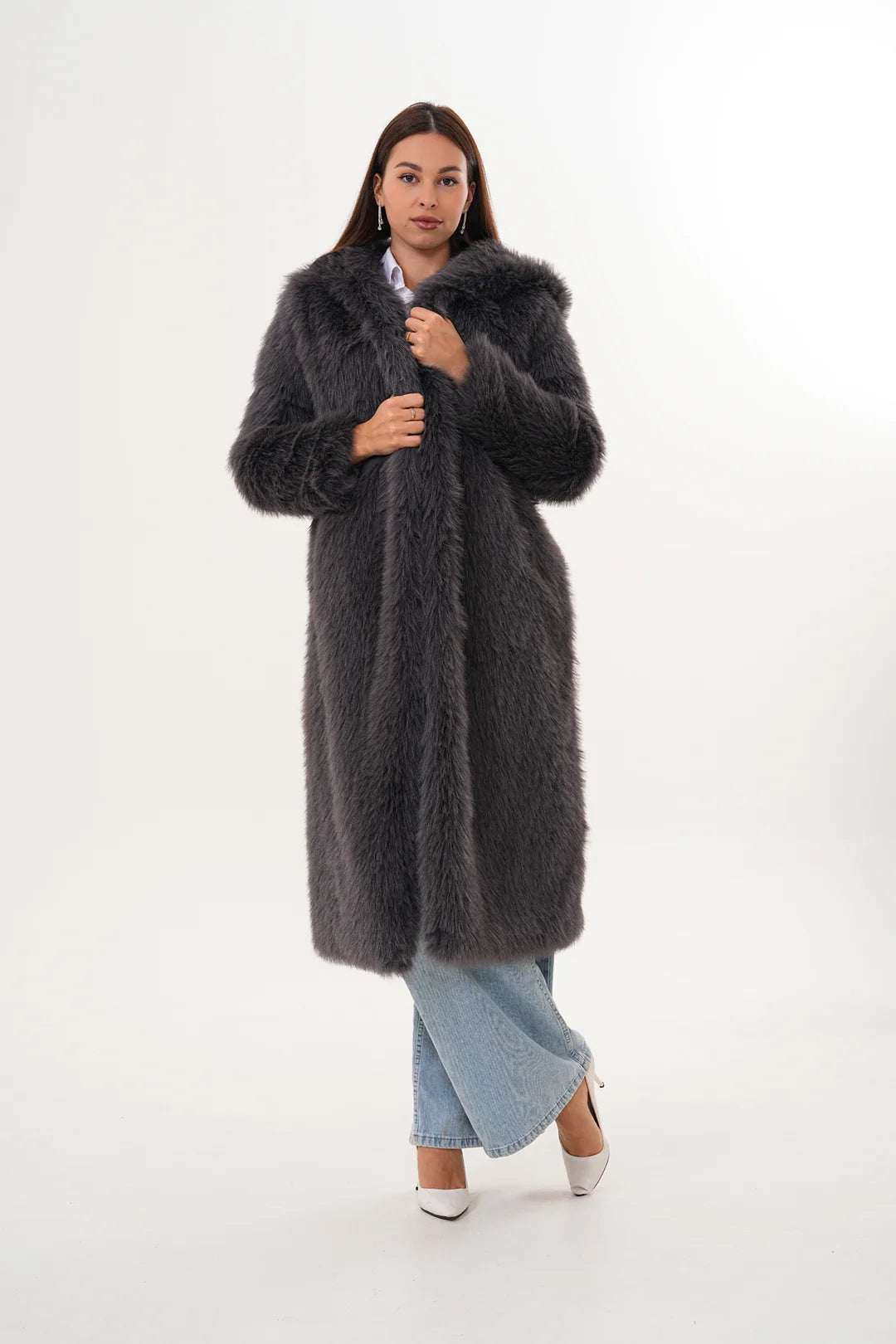 Full-Length Hooded Faux Fur Coat – Anthracite Grey | Modern Winter Luxury