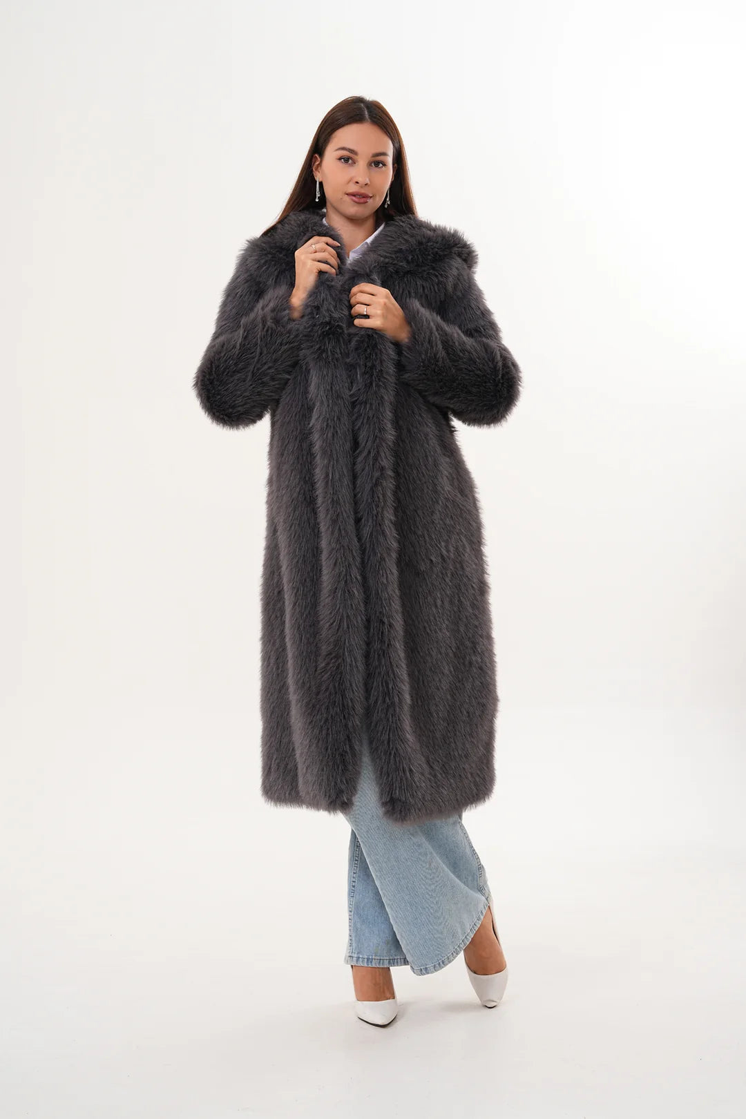 Full-Length Hooded Faux Fur Coat – Anthracite Grey | Modern Winter Luxury