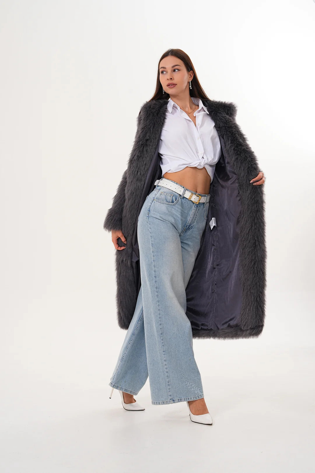 Full-Length Hooded Faux Fur Coat – Anthracite Grey | Modern Winter Luxury