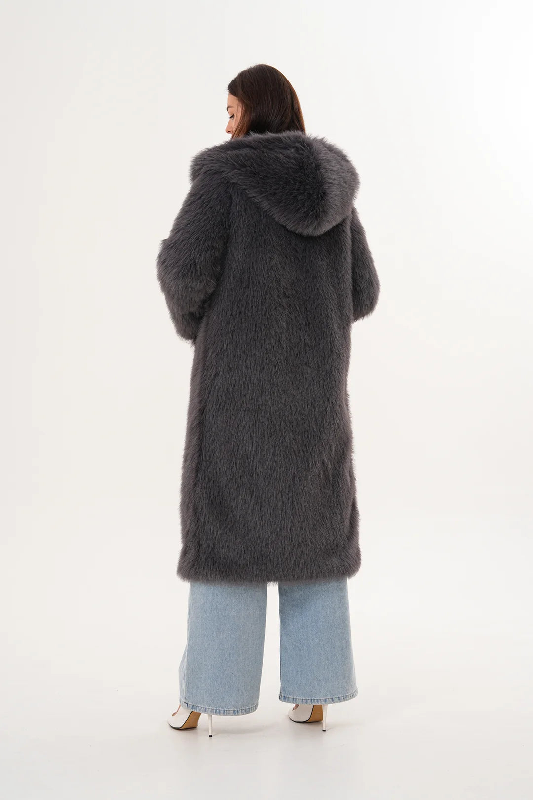 Full-Length Hooded Faux Fur Coat – Anthracite Grey | Modern Winter Luxury