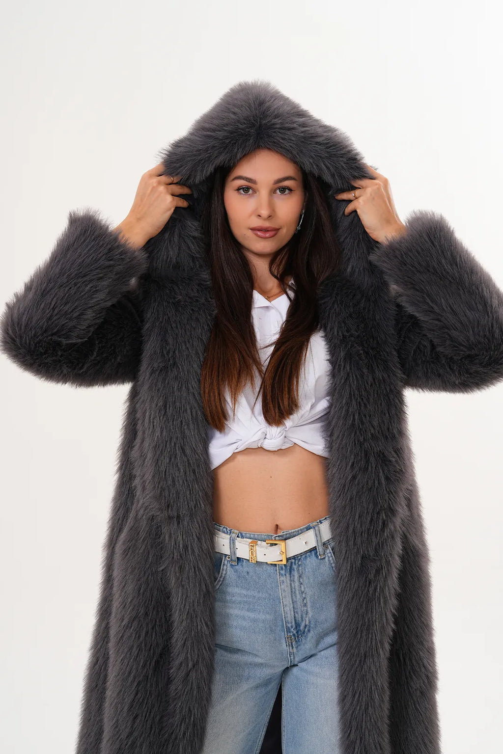 Full-Length Hooded Faux Fur Coat – Anthracite Grey | Modern Winter Luxury