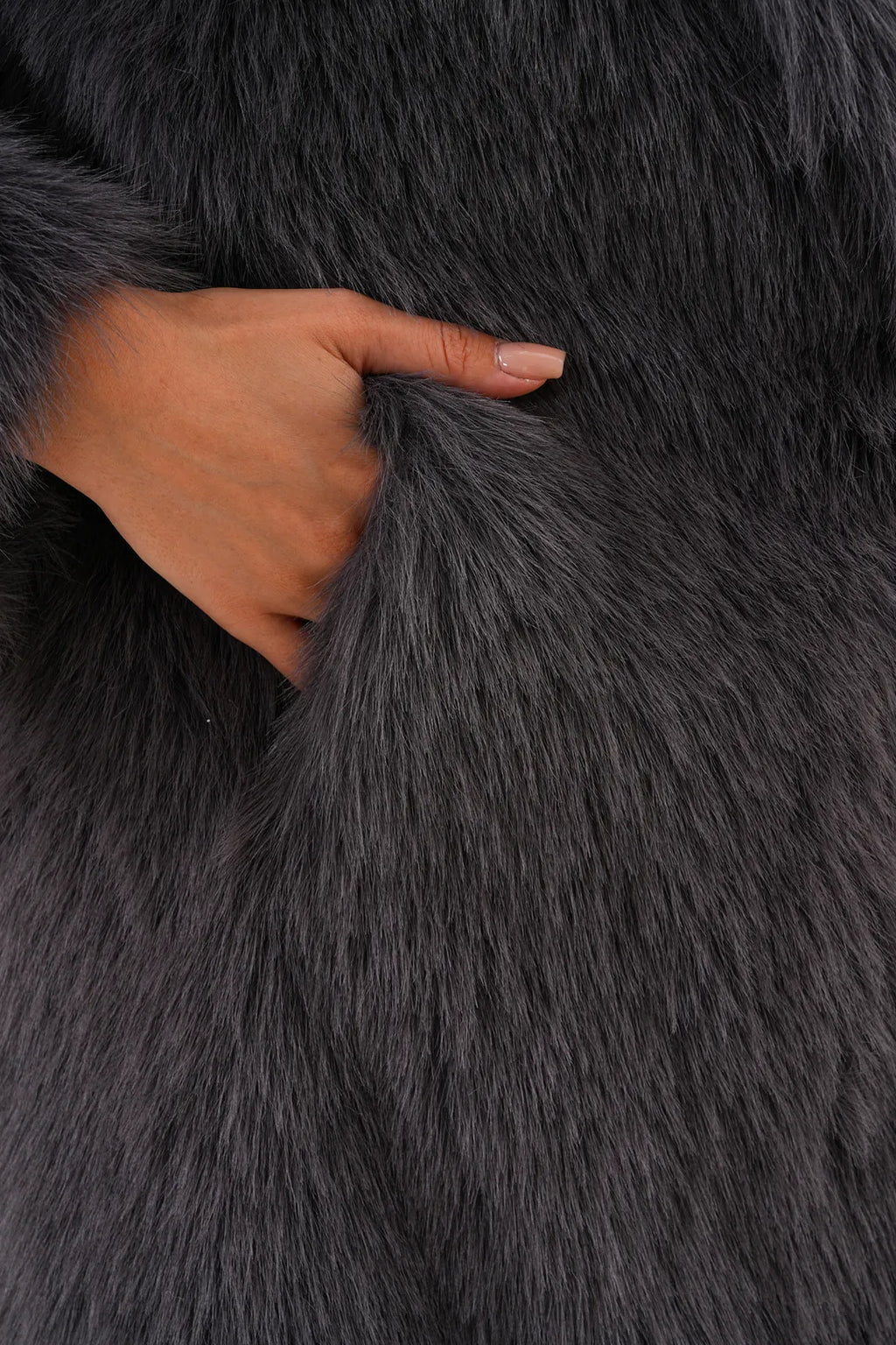 Full-Length Hooded Faux Fur Coat – Anthracite Grey | Modern Winter Luxury