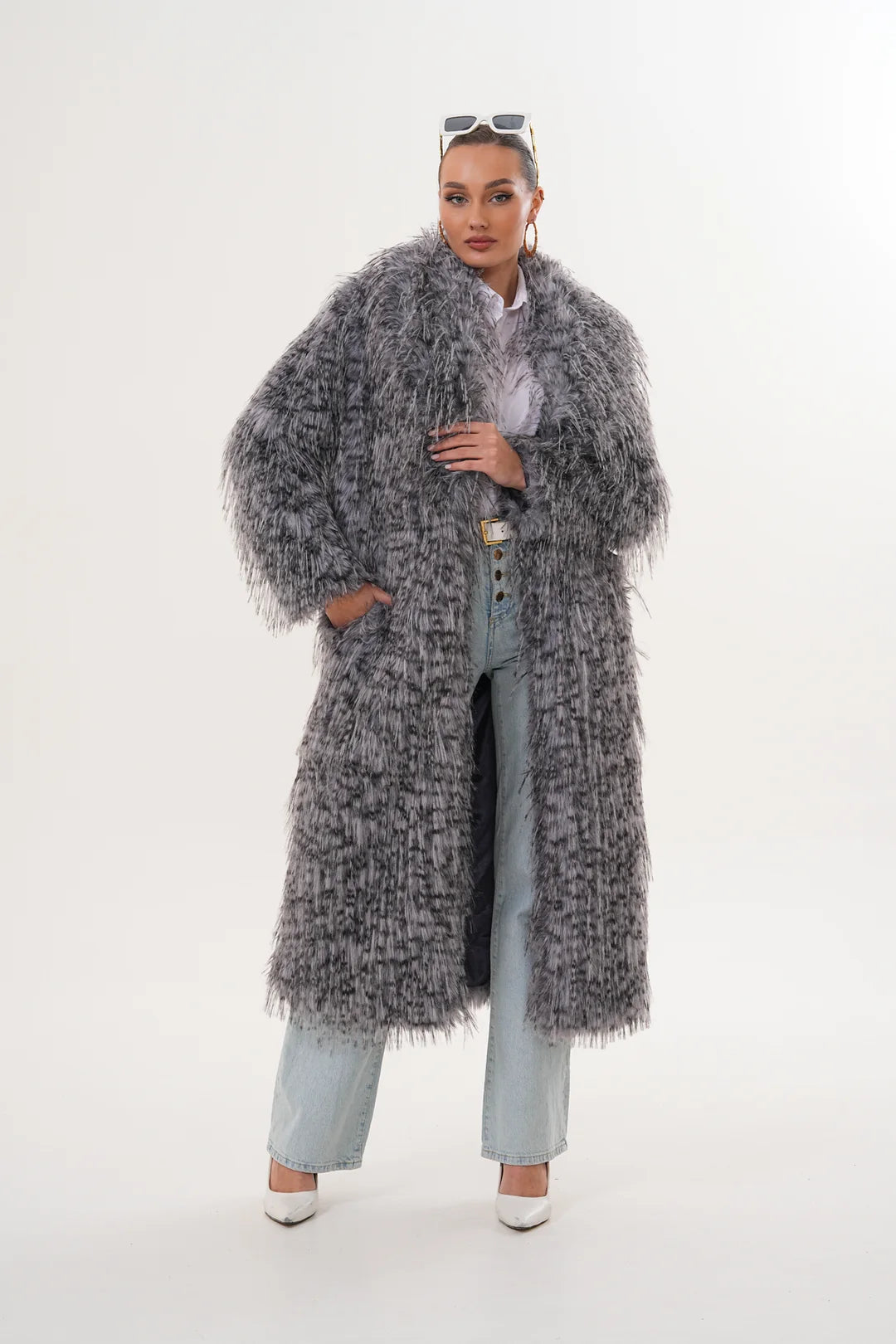 Grey Long Faux Fur Coat