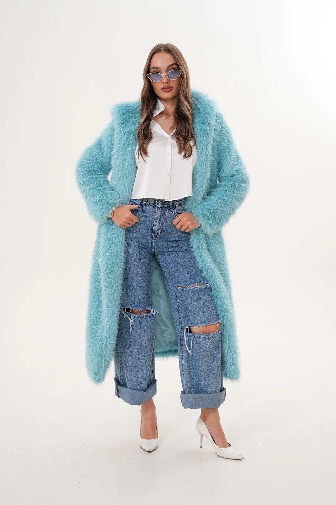 Full-Length Hooded Faux Fur Coat – Blue