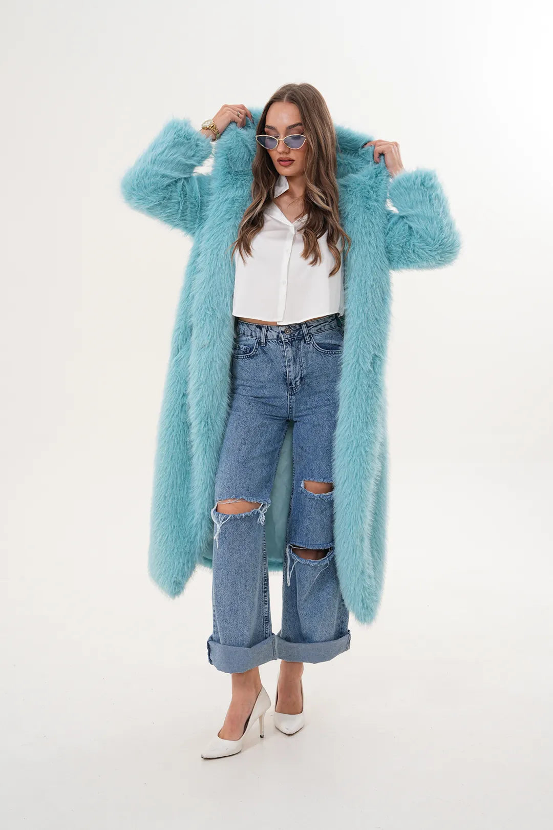 Full-Length Hooded Faux Fur Coat – Blue
