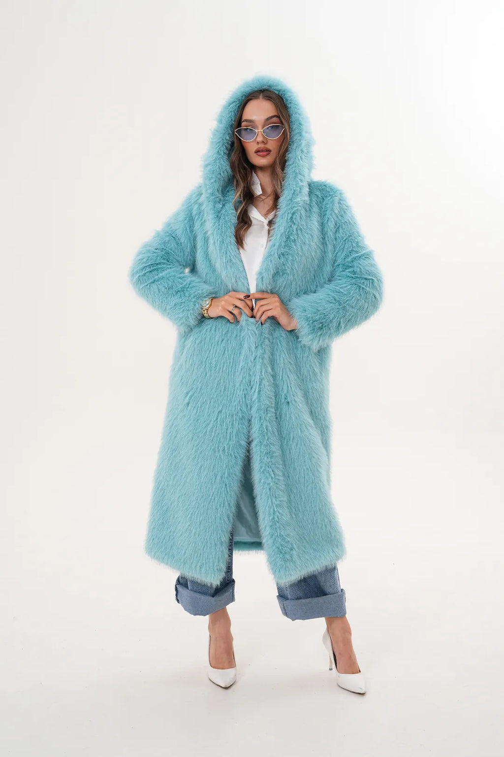 Full-Length Hooded Faux Fur Coat – Blue