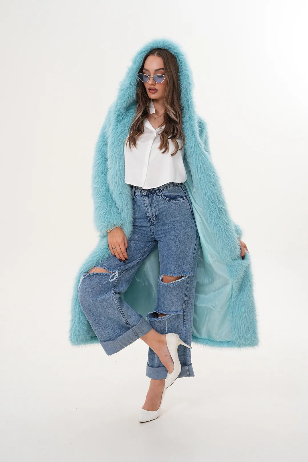 Full-Length Hooded Faux Fur Coat – Blue