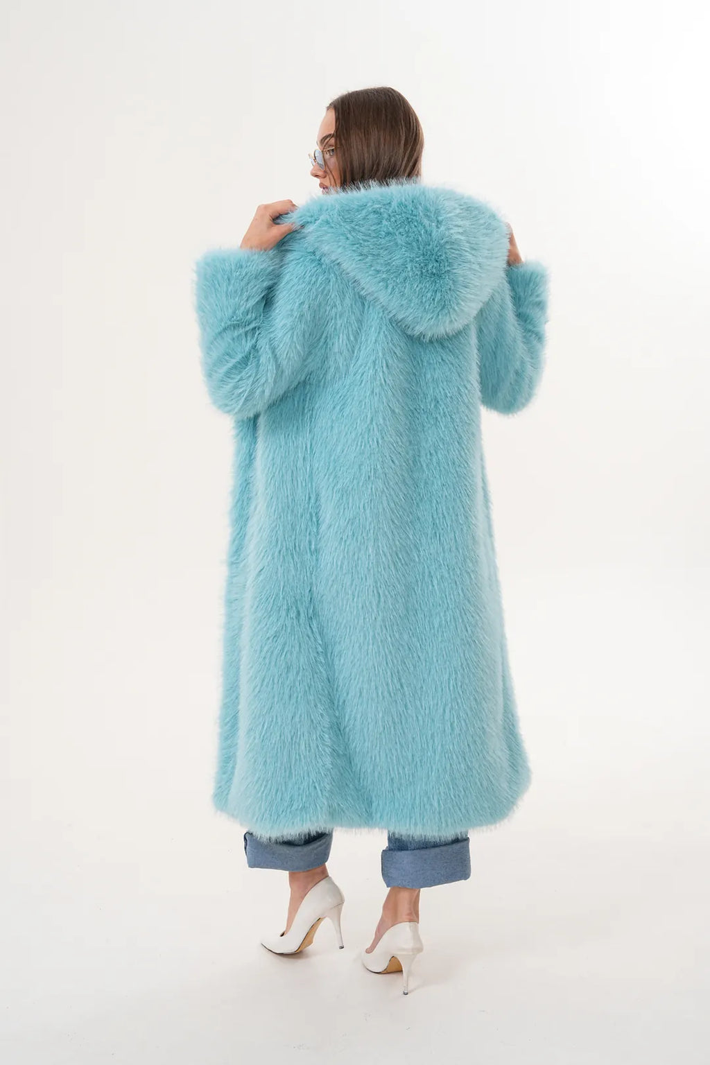 Full-Length Hooded Faux Fur Coat – Blue