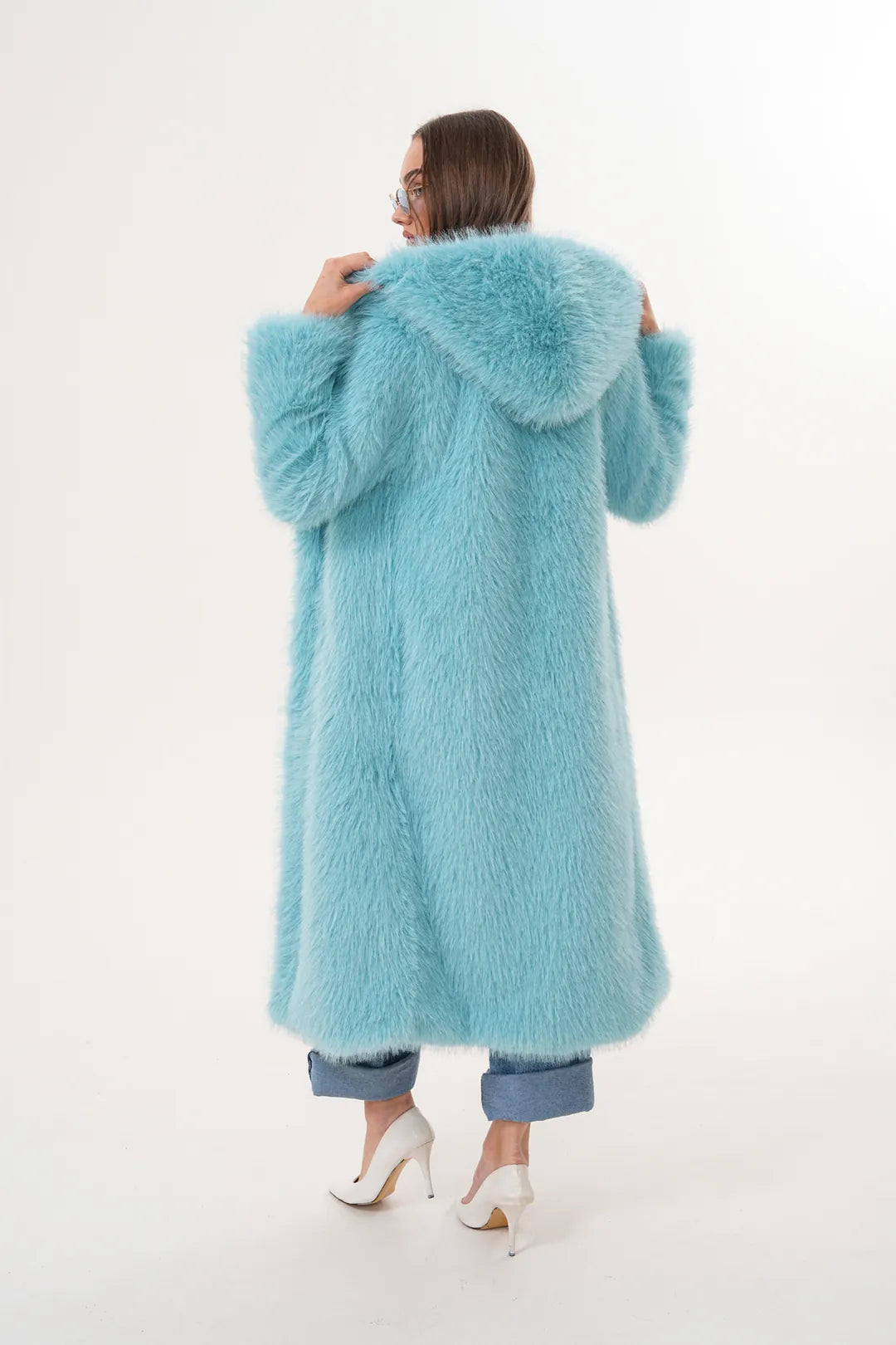 Full-Length Hooded Faux Fur Coat – Blue