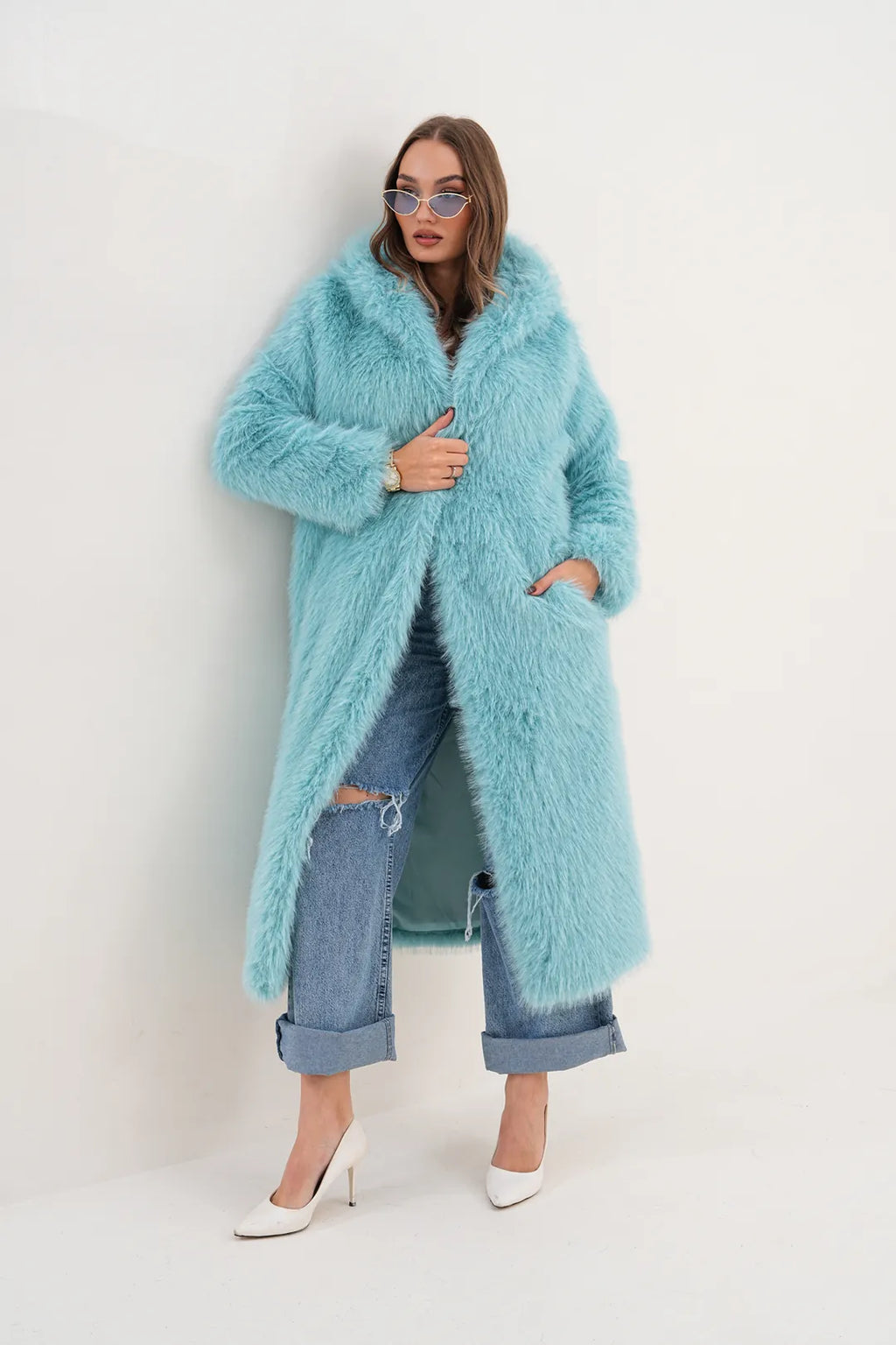 Full-Length Hooded Faux Fur Coat – Blue