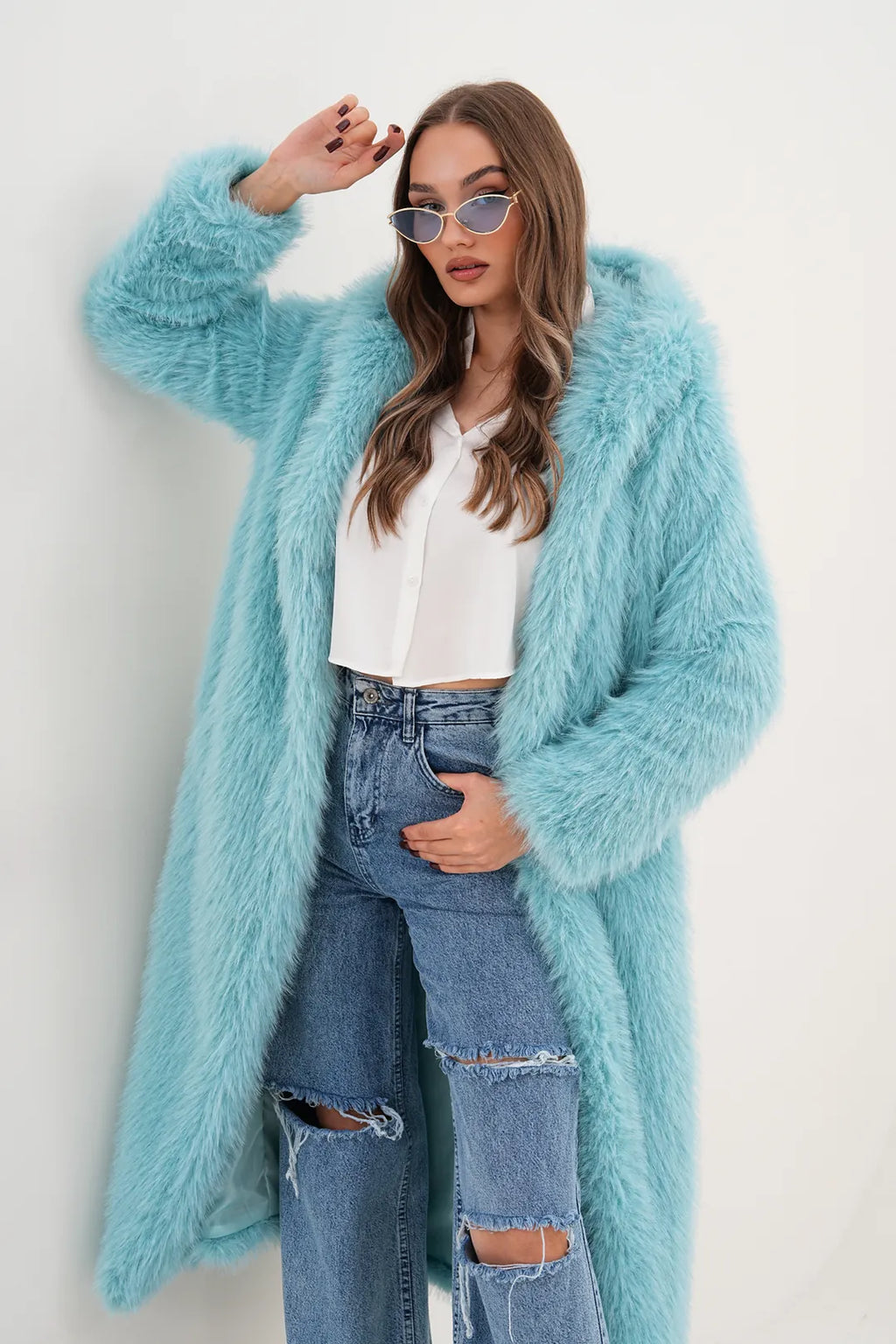 Full-Length Hooded Faux Fur Coat – Blue