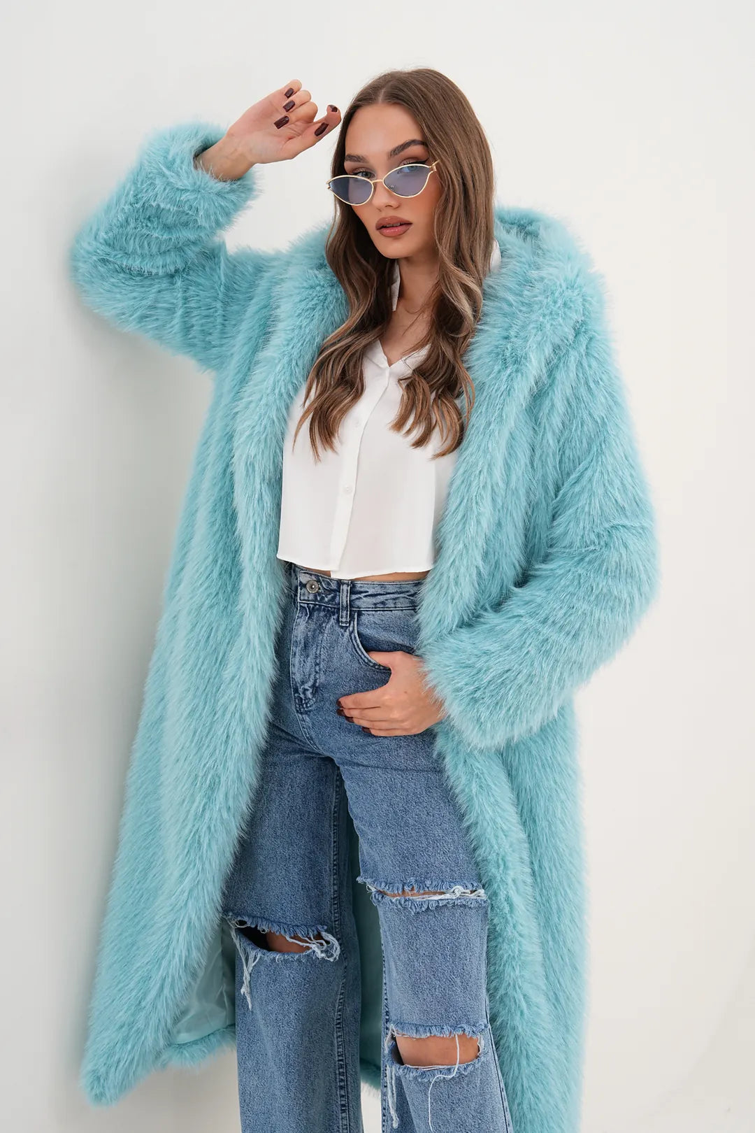 Full-Length Hooded Faux Fur Coat – Blue