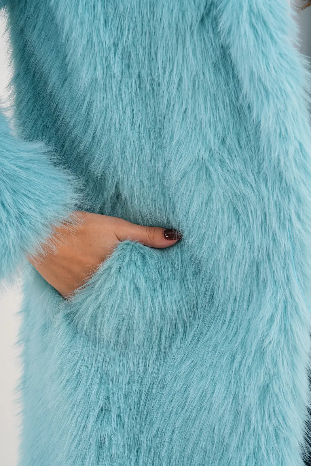 Full-Length Hooded Faux Fur Coat – Blue