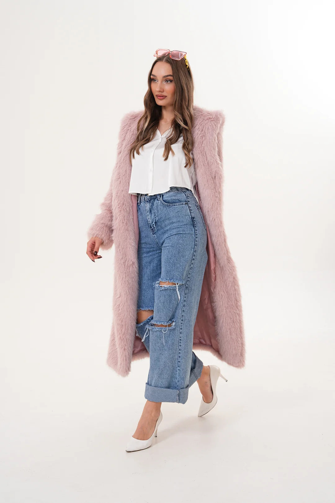 Pink Full-Length Hooded Faux Fur Coat