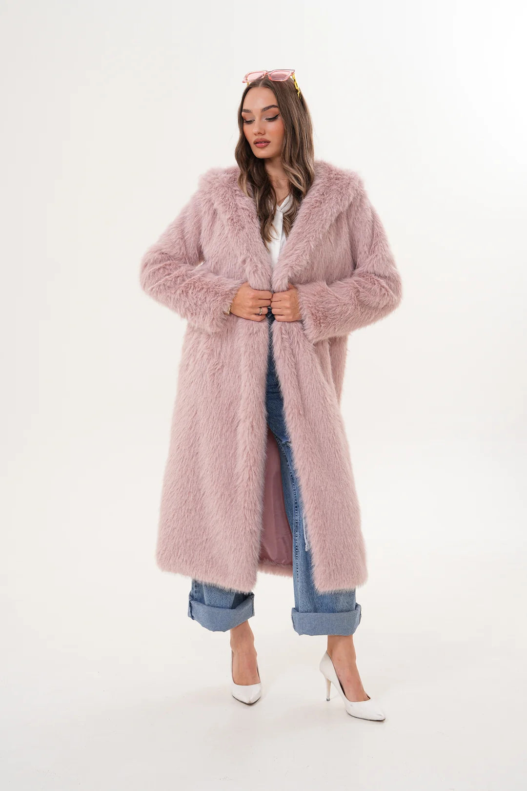 Pink Full-Length Hooded Faux Fur Coat