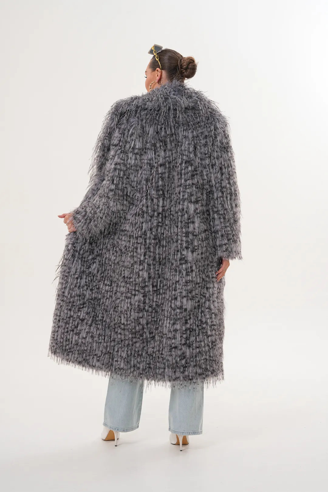 Grey Long Faux Fur Coat