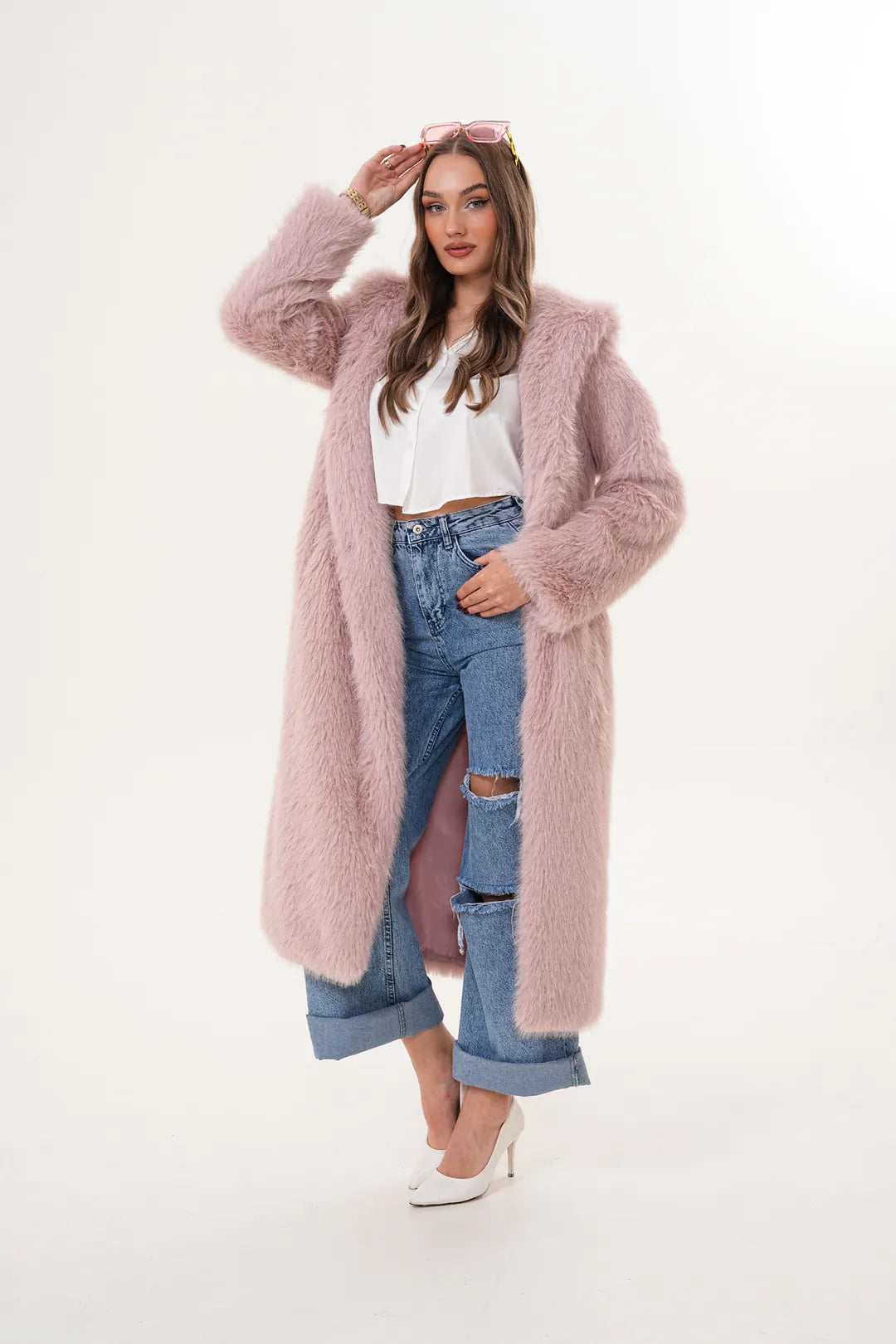 Pink Full-Length Hooded Faux Fur Coat