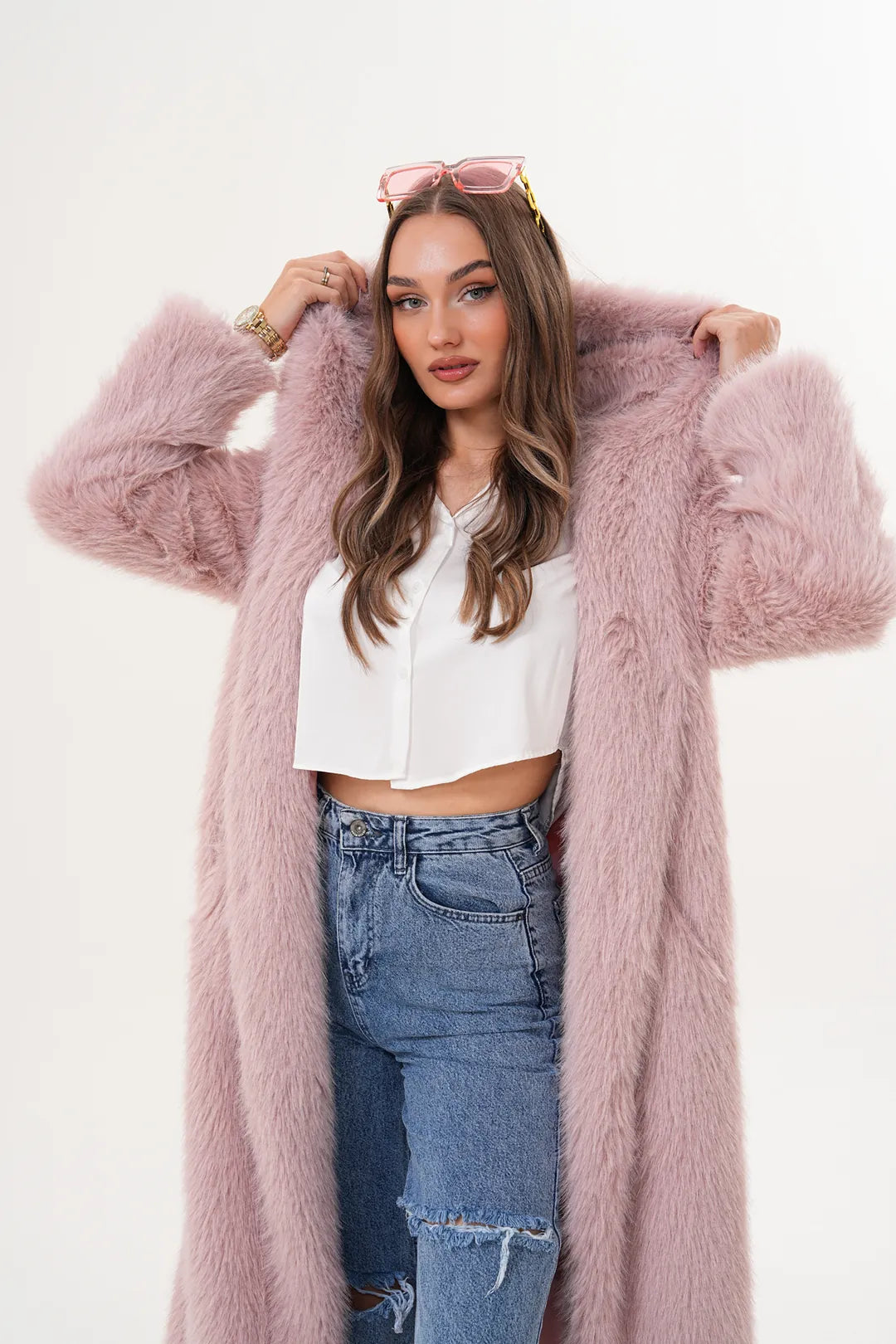 Pink Full-Length Hooded Faux Fur Coat