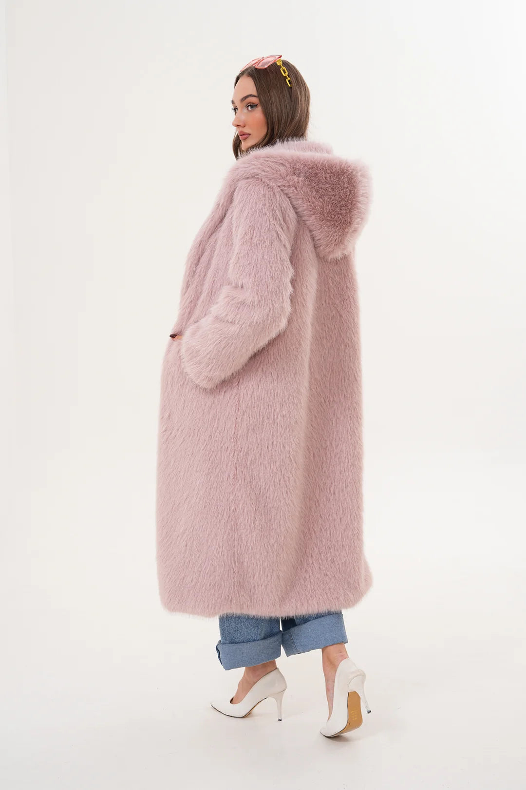 Pink Full-Length Hooded Faux Fur Coat