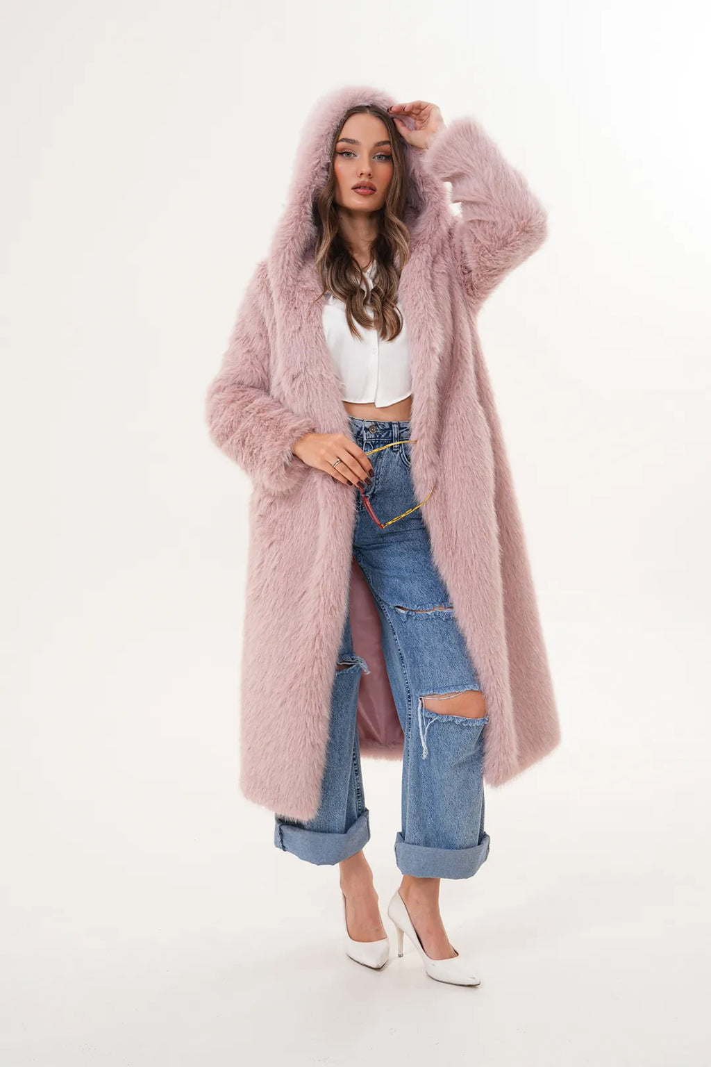Pink Full-Length Hooded Faux Fur Coat