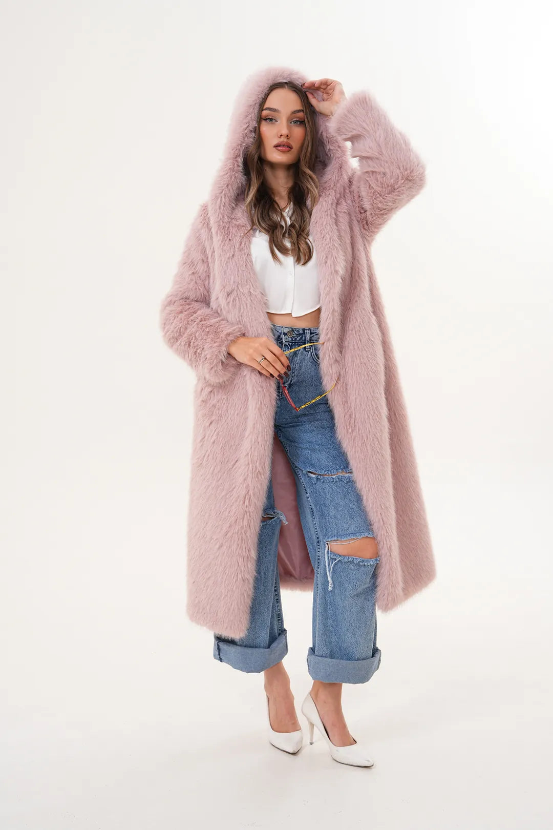 Pink Full-Length Hooded Faux Fur Coat