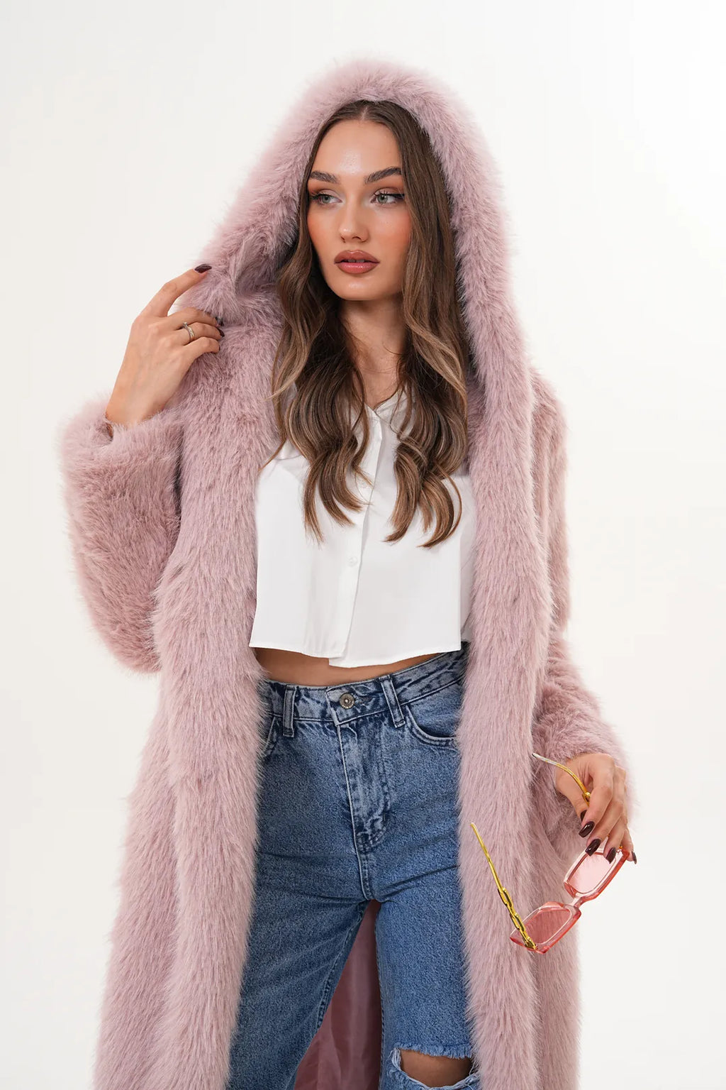 Pink Full-Length Hooded Faux Fur Coat
