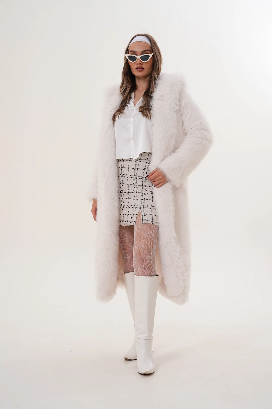 White Full-Length Hooded Faux Fur Coat