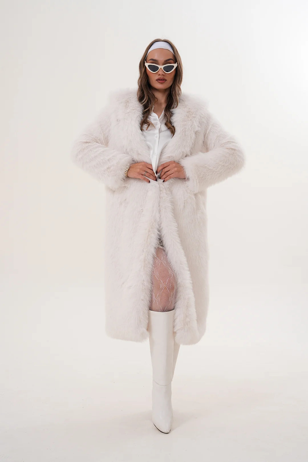 White Full-Length Hooded Faux Fur Coat