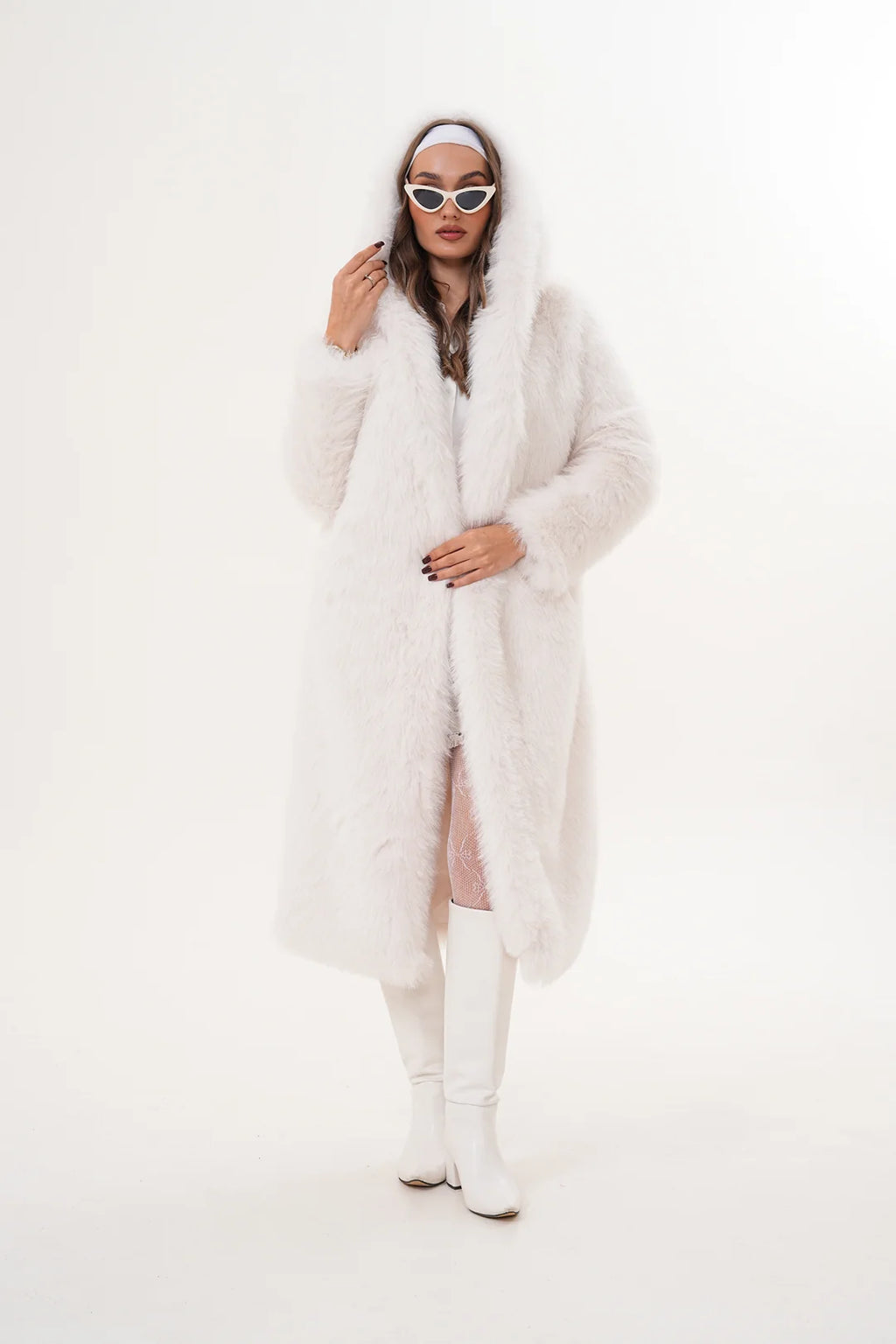 White Full-Length Hooded Faux Fur Coat