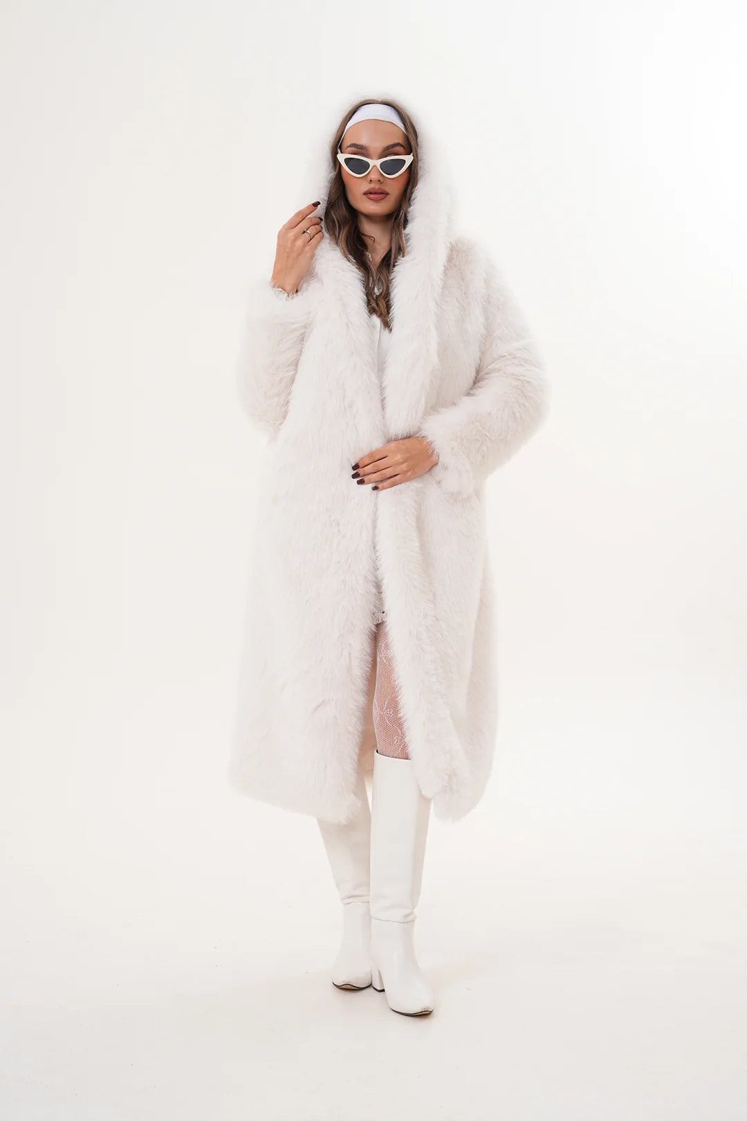 White Full-Length Hooded Faux Fur Coat