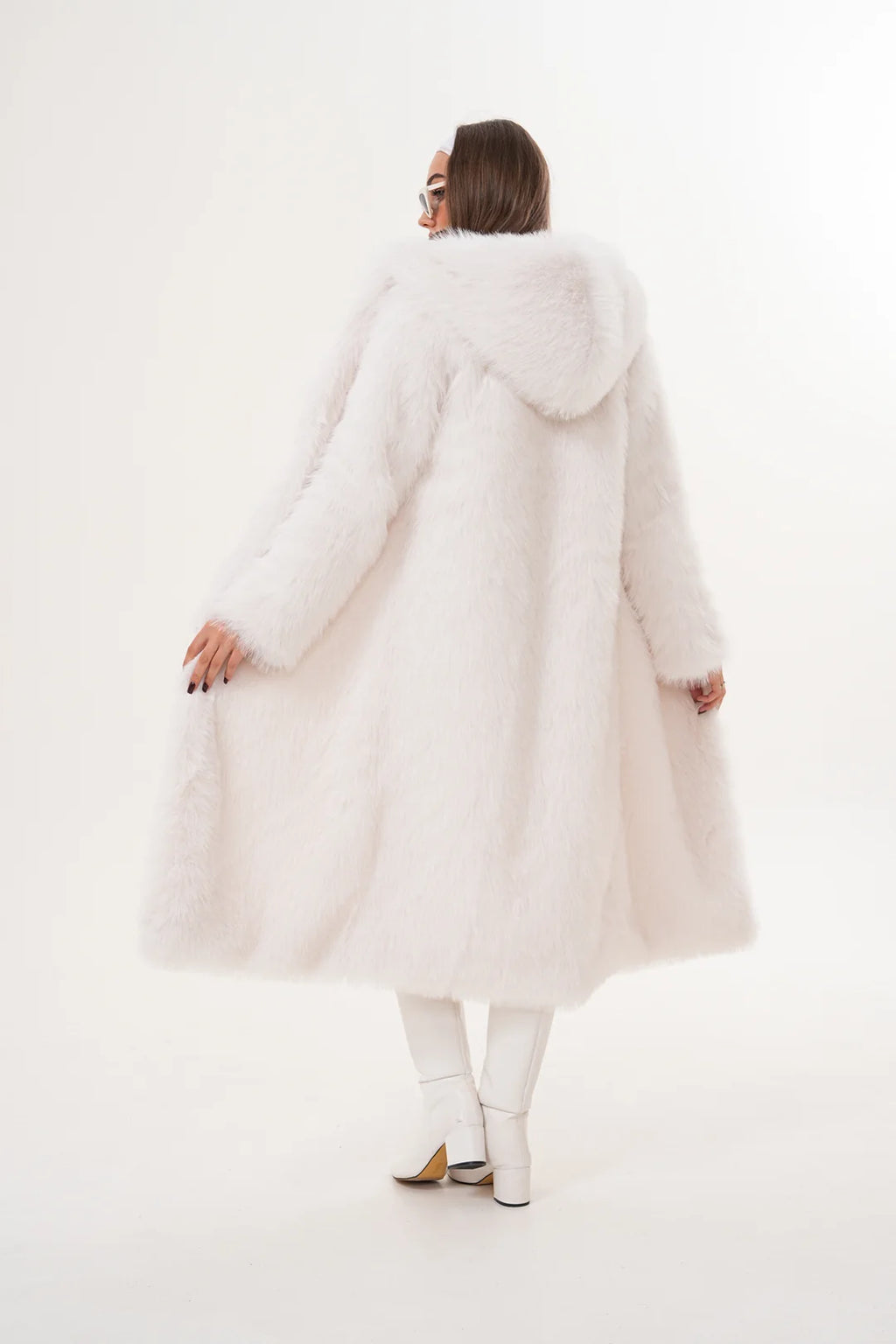 White Full-Length Hooded Faux Fur Coat