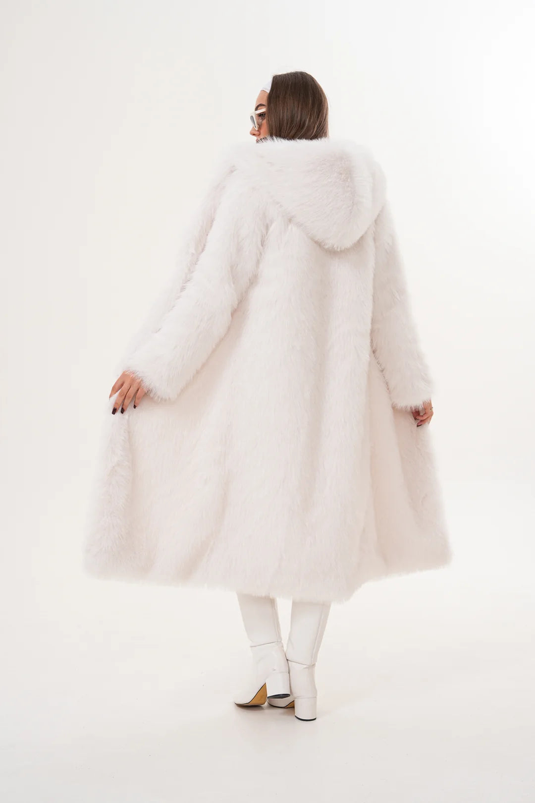 White Full-Length Hooded Faux Fur Coat