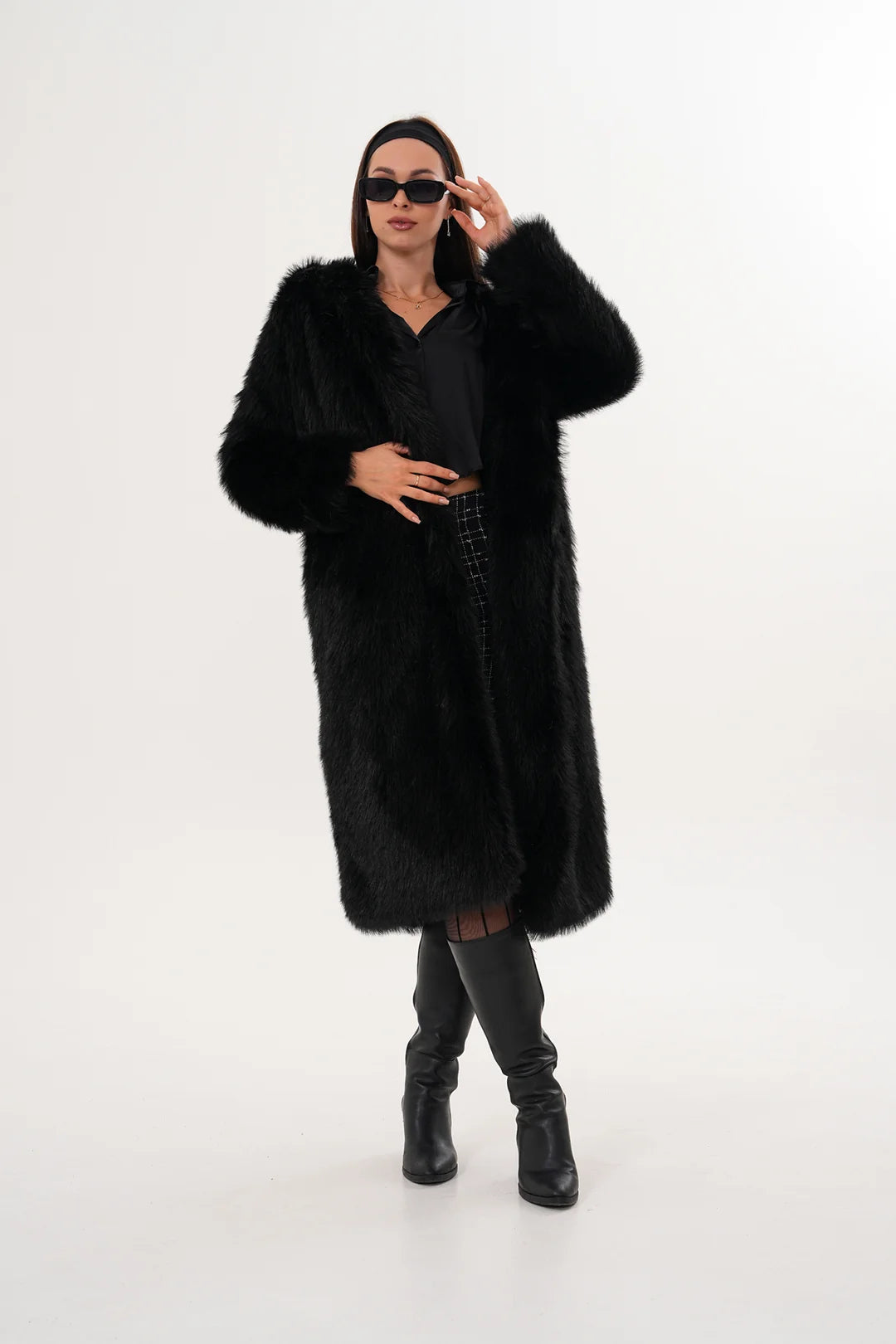 Black Full-Length Hooded Faux Fur Coat