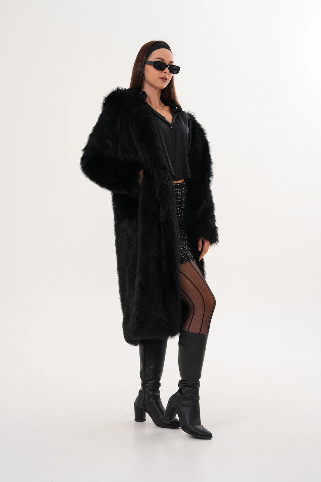 Black Full-Length Hooded Faux Fur Coat