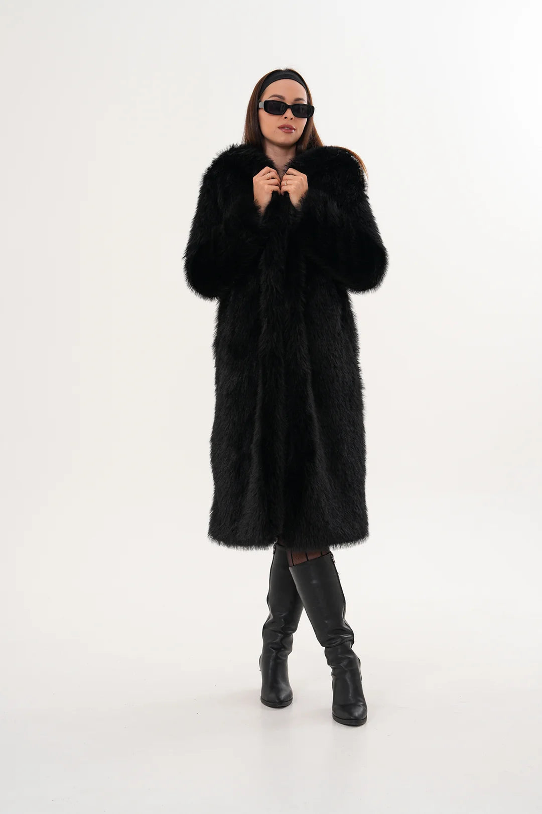 Black Full-Length Hooded Faux Fur Coat