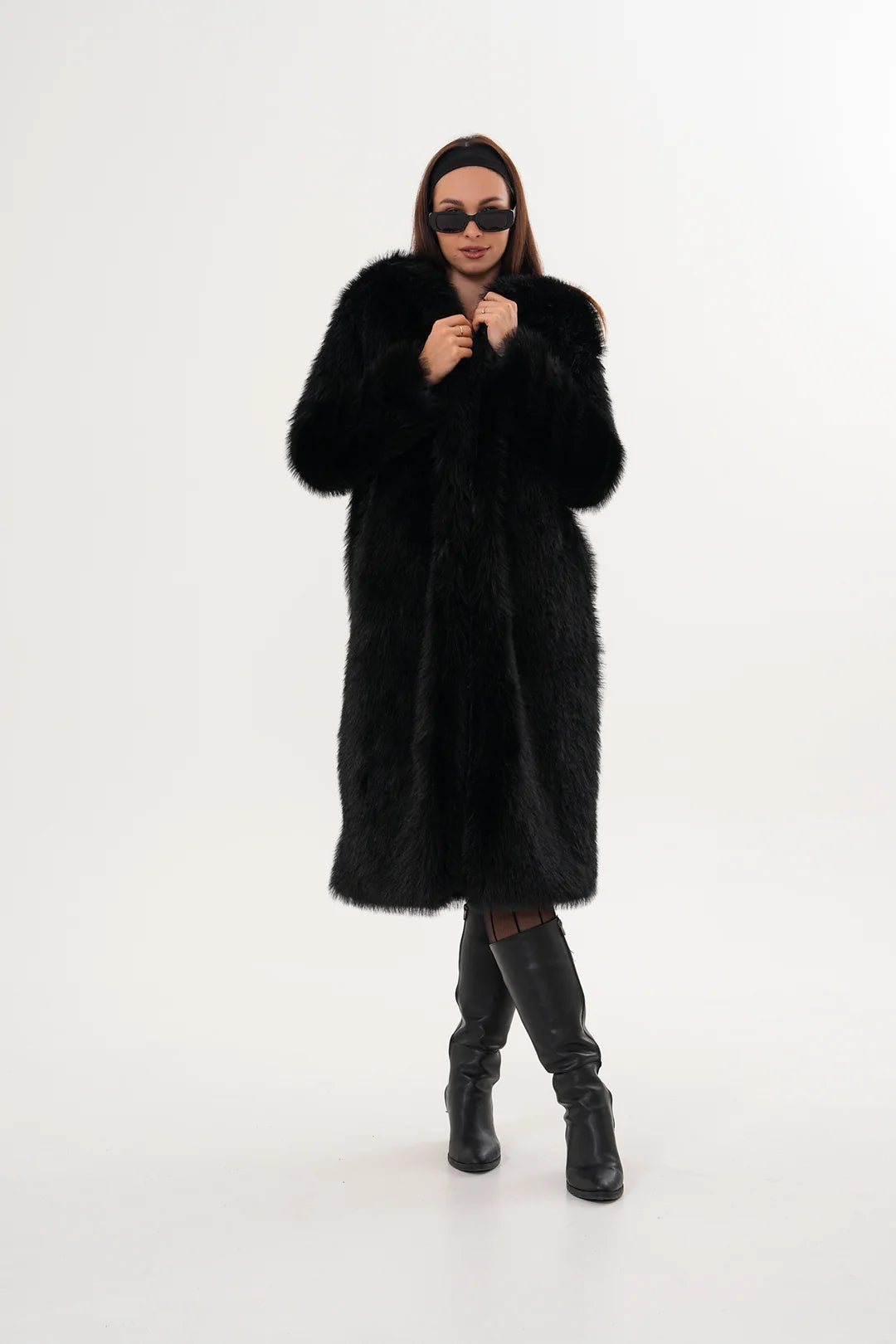Black Full-Length Hooded Faux Fur Coat